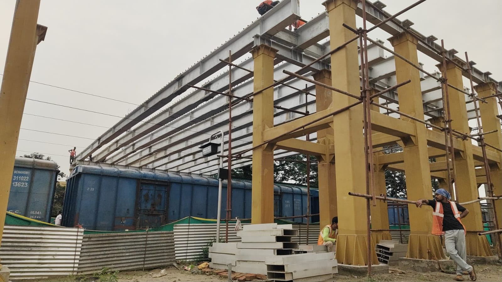 Columns, beams and roof framing of a structural steel building