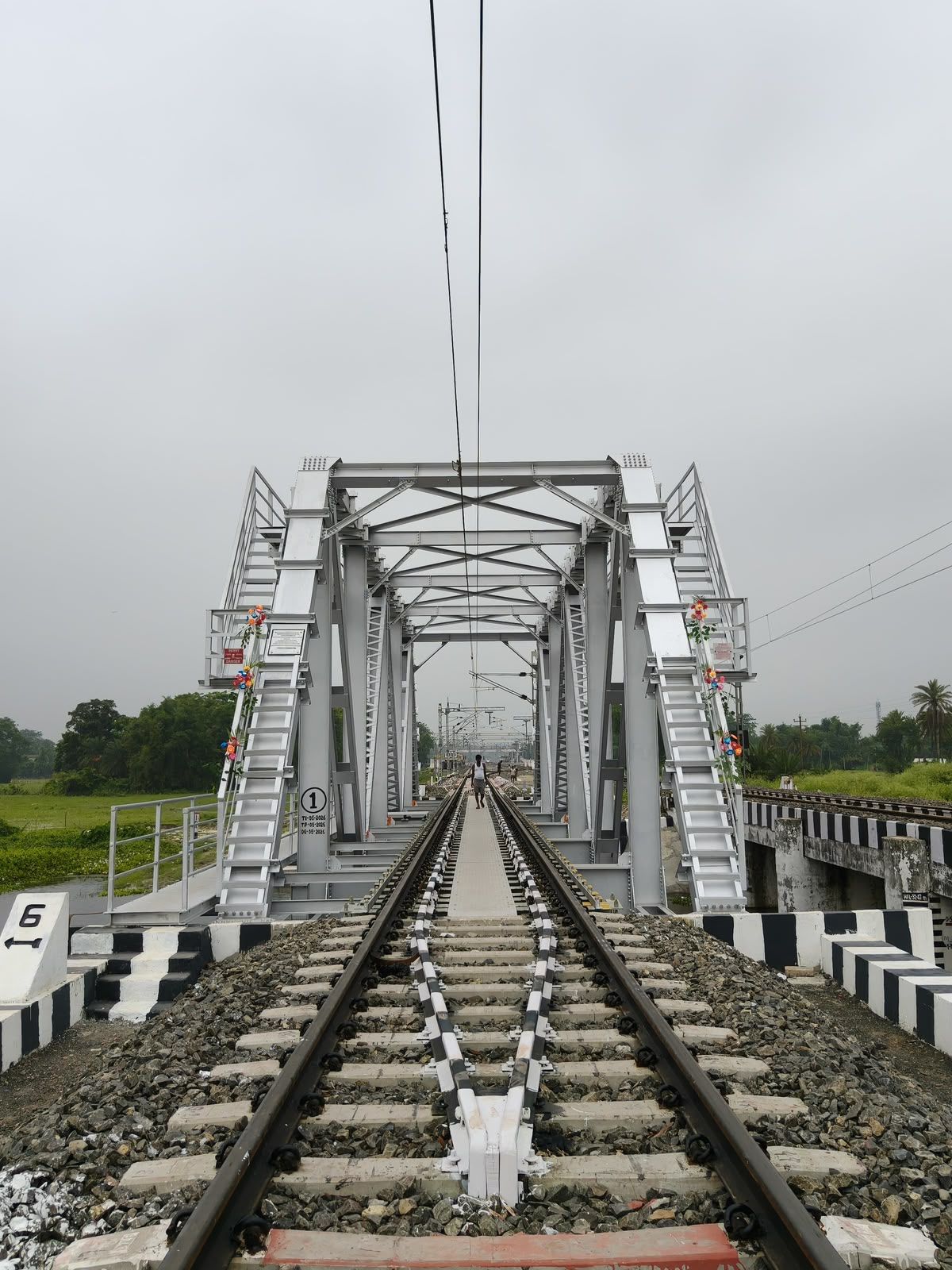 View along the railway tracks through a steel truss bridge